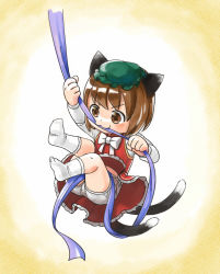Rule 34 | 1girl, :3, animal ears, biting, bloomers, blush, bow, bowtie, brown eyes, brown hair, cat ears, cat tail, chen, closed mouth, commentary request, full body, green hat, grimay, hat, long sleeves, mob cap, multiple tails, red skirt, red vest, shirt, short hair, skirt, skirt set, socks, solo, tail, touhou, two tails, underwear, v-shaped eyebrows, vest, white bloomers, white bow, white bowtie, white shirt, white socks
