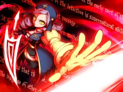 Rule 34 | 1girl, dlanor a. knox, drill hair, energy sword, female focus, from above, full body, gradient background, hat, long hair, niso, outstretched arm, purple hair, solo, standing, sword, text focus, thighhighs, umineko no naku koro ni, weapon, yellow eyes