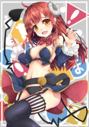 Rule 34 | !, 1girl, ?, ahoge, black thighhighs, blue collar, blue sleeves, blurry, blurry background, blush, bow, breasts, brown eyes, brown hair, claw pose, collar, commentary request, curled horns, demon girl, demon horns, demon tail, depth of field, detached collar, detached sleeves, fang, fingernails, hands up, highres, horns, juliet sleeves, long hair, long sleeves, machikado mazoku, medium breasts, nail polish, navel, open mouth, puffy sleeves, red bow, revealing clothes, sign, solo, tail, tail raised, tears, thighhighs, uumaru, very long hair, warning sign, white nails, yoshida yuuko (machikado mazoku)