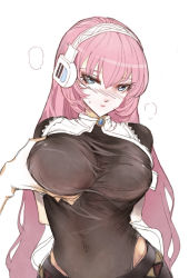 Rule 34 | 1girl, arms behind back, black leotard, black skirt, blue eyes, blush, grabbing another&#039;s breast, breasts, brooch, clothes lift, covered navel, funkid, grabbing, headphones, heavy breathing, highleg, highleg leotard, highres, jewelry, large breasts, leotard, leotard under clothes, long hair, looking at viewer, megurine luka, out of frame, pink hair, shirt lift, simple background, skirt, solo focus, sweat, unaligned breasts, upper body, very long hair, vocaloid, white background