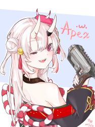 Rule 34 | 1girl, absurdres, apex legends, b3 wingman, back, blush, from behind, gun, hair bun, handgun, highres, holding, holding gun, holding weapon, hololive, horns, huge filesize, japanese clothes, looking back, multicolored hair, muye coconut, nakiri ayame, nakiri ayame (1st costume), off shoulder, one eye closed, oni, open mouth, red eyes, red hair, revolver, side bun, single hair bun, single side bun, skin-covered horns, solo, streaked hair, virtual youtuber, weapon, white hair