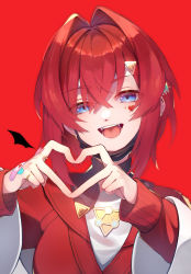 Rule 34 | 1girl, absurdres, ange katrina, ange katrina (1st costume), bandaid, blue eyes, breasts, ear piercing, fangs, hair between eyes, hair intakes, hair ornament, hairclip, heart, heart hands, highres, jewelry, long sleeves, looking at viewer, mask, mitk game, nijisanji, open mouth, piercing, red background, red hair, ring, short hair, solo, teeth, tongue, upper body, vampire (vocaloid), virtual youtuber, vocaloid