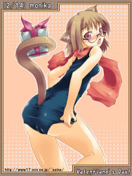 Rule 34 | 1girl, animal ears, ass, back, black one-piece swimsuit, blush, brown hair, cat ears, cat tail, english text, engrish text, face, fat mons, flat chest, gift, glasses, highres, legs, monika, one-piece swimsuit, original, purple eyes, ranguage, scarf, school swimsuit, short hair, soine, solo, surprised, swimsuit, tail, valentine