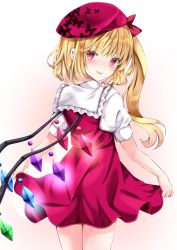 Rule 34 | 1girl, :p, animal print, bad id, bad pixiv id, beret, blonde hair, blush, bow, butterfly print, commentary request, cowboy shot, crystal, dress, flandre scarlet, from behind, glowing, gradient background, hat, hat bow, highres, looking at viewer, looking back, nanase nao, one side up, pink background, puffy short sleeves, puffy sleeves, red bow, red dress, red eyes, red hat, short hair, short sleeves, simple background, solo, standing, tongue, tongue out, touhou, white background, wings