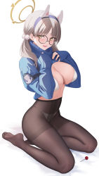 Rule 34 | 1girl, abab xiaxia, animal ears, black pantyhose, blue archive, blue sweater, blush, bra, breasts, brown hair, candy, cleavage, clothes lift, crotch seam, fake animal ears, food, full body, glasses, grey-framed eyewear, hair ornament, halo, high-waist pantyhose, highres, large breasts, light brown hair, lollipop, long hair, long sleeves, looking at viewer, moe (blue archive), panties, panties under pantyhose, pantyhose, pom pom (clothes), pom pom hair ornament, rabbit ears, round eyewear, seiza, sitting, solo, sweater, sweater lift, twintails, underwear, white background, white bra, white panties, yellow eyes