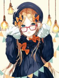 Rule 34 | 1girl, abigail williams (fate), bad id, bad pixiv id, black bow, black dress, black headwear, blonde hair, blue eyes, blush, bow, dress, fate/grand order, fate (series), forehead, glasses, hair bow, happiness lilys, lamp, long hair, looking at viewer, open mouth, orange bow, parted bangs, red-framed eyewear, ribbed dress, solo, very long hair, white background