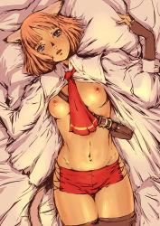 Rule 34 | 00s, 1girl, animal ears, bad id, bad pixiv id, bed, between breasts, blue eyes, branch (blackrabbits), breasts, final fantasy, final fantasy xi, fingerless gloves, gloves, lying, mithra (ff11), navel, nipples, open clothes, open shirt, red hair, shirt, short hair, solo, tail