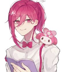 Rule 34 | 1boy, animal, animal on shoulder, blue lock, book, bow, bowtie, chigiri hyoma, closed mouth, collared shirt, flower, hair flower, hair ornament, hand up, highres, holding, holding book, koumimi, long hair, male focus, my melody, onegai my melody, pink bow, pink bowtie, red eyes, red hair, sanrio, shirt, simple background, smile, suspenders, upper body, white background, white shirt