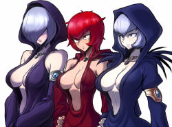Rule 34 | 10s, 3girls, armband, bad id, bad pixiv id, bare shoulders, blue hair, breasts, cleavage, cynthia (dragon nest), dragon nest, dress, evil, hair over eyes, hand on own hip, hip focus, hood, jewelry, messy hair, multiple girls, necklace, purple eyes, red eyes, red hair, silver hair, spacezin, stella (dragon nest), tiana (dragon nest)