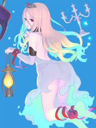 Rule 34 | 1girl, ankle ribbon, ass, bare legs, bare shoulders, barefoot, blonde hair, blue background, bridal gauntlets, candelabra, candlestand, crown, dress, elbow gloves, enkyo yuuichirou, fingerless gloves, from behind, ghost, gloves, hat, highres, lantern, leg ribbon, long hair, looking at viewer, looking back, mole, mole under eye, nail polish, open mouth, original, red eyes, ribbon, simple background, solo, very long hair, white dress
