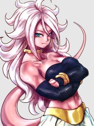 Rule 34 | 1girl, android 21, bandeau, bare shoulders, black tube top, blue eyes, bracelet, breasts, cleavage, closed mouth, collarbone, colored skin, commentary request, crossed arms, curly hair, detached sleeves, dragon ball, dragon ball fighterz, earrings, grey background, harem pants, hoop earrings, jewelry, kemachiku, light persona, long hair, looking at viewer, majin android 21, medium breasts, navel, neck ring, pants, pink skin, ring, smile, solo, strapless, tail, tube top, tube top, very long hair, white hair, white pants