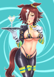 Rule 34 | 1girl, :o, adapted costume, animal ears, aonuma kiyoharu, bikini, black bikini, blue background, blush, bow, bowtie, breasts, brown eyes, brown hair, cleavage, cocktail glass, commentary, cowboy shot, cup, detached collar, drinking glass, ear ornament, frontless outfit, gloves, hair between eyes, hair over one eye, highres, holding, holding tray, horse ears, horse girl, horse tail, horseshoe ornament, latex, latex legwear, long hair, looking at viewer, low-tied long hair, low ponytail, martini, medium breasts, meme attire, multicolored hair, navel, open mouth, revealing clothes, reverse bunnysuit, reverse outfit, shrug (clothing), sidelocks, solo, standing, stomach, stopwatch, streaked hair, sweat, swimsuit, tail, tray, umamusume, vodka (umamusume), watch, white gloves, white hair, wrist cuffs, yellow bow, yellow bowtie