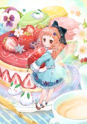 Rule 34 | 1girl, absurdres, bare legs, blush, boots, bow, braid, butter knife, cake, closed mouth, coffee cup, collared dress, cup, disposable cup, dress, fairy, fairy wings, floral print, flower, food, footwear bow, frilled dress, frills, from behind, fruit, hacosumi, hair bow, hair flower, hair ornament, hand on own chin, highres, holding, holding food, index finger raised, long hair, long sleeves, looking at viewer, macaron, orange eyes, orange hair, original, oversized clothes, oversized food, oversized object, patterned clothing, petticoat, plate, pointy ears, ribbon, shoes, short dress, sleeve cuffs, smile, snow rabbit, snowflakes, solo, star (symbol), strawberry, strawberry shortcake, wings