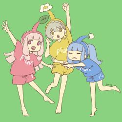 Rule 34 | 1boy, 2girls, :o, alternate costume, alternate hairstyle, arm up, artist name, bashauma kaede, bell, blue hair, blue hairband, blue pikmin, blue pikmin (cosplay), blue shirt, blue shorts, blunt bangs, blunt ends, braid, bright pupils, clenched hands, closed eyes, commentary request, cosplay, full body, green background, grey hair, hair bell, hair ornament, hairband, highres, iori yuzuru, jingle bell, kotonoha akane, kotonoha aoi, looking at viewer, multiple girls, nintendo, open mouth, outstretched arms, pikmin (series), pink hair, ponytail, print shirt, raised fist, red eyes, red hairband, red pikmin, red pikmin (cosplay), red shirt, red shorts, shirt, shorts, siblings, side braid, sidelocks, simple background, single sidelock, sisters, smile, spread arms, triangle mouth, voiceroid, white pupils, yellow eyes, yellow hairband, yellow pikmin, yellow pikmin (cosplay), yellow shirt, yellow shorts