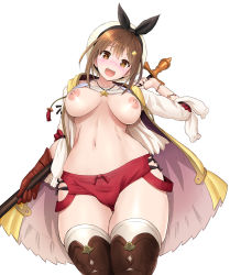 Rule 34 | 1girl, :d, atelier (series), atelier ryza, atelier ryza 1, blush, breasts, brown eyes, brown gloves, brown hair, brown thighhighs, collarbone, gloves, hair ornament, hairclip, harukigenia, hat, jewelry, large breasts, looking at viewer, navel, necklace, nipples, open mouth, red shorts, reisalin stout, short hair, short shorts, shorts, simple background, single glove, smile, solo, star (symbol), thighhighs, thighs, white background, white hat, white thighhighs