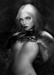 Rule 34 | 1girl, armor, bodysuit, character request, claymore (series), dark background, eyebrows, eyelashes, grey eyes, greyscale, highres, lips, looking at viewer, miawrly, monochrome, nose, parted lips, pauldrons, realistic, shoulder armor, solo, teeth, upper body, white bodysuit, white hair