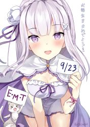 Rule 34 | 10s, 1girl, all fours, blush, breasts, cleavage, emilia (re:zero), flower, hair ornament, happy birthday, highres, kaetzchen, light purple hair, long hair, looking at viewer, medium breasts, open mouth, puck (re:zero), purple eyes, purple ribbon, re:zero kara hajimeru isekai seikatsu, ribbon, smile, solo, white background
