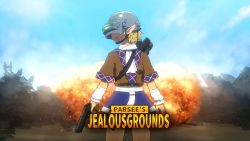 Rule 34 | 1girl, arm warmers, blonde hair, blue skirt, blue sky, breasts, brown shirt, character name, commentary request, copyright name, cowboy shot, day, explosion, goggles, gun, handgun, helmet, highres, holding, holding gun, holding weapon, mizuhashi parsee, outdoors, parody, pistol, playerunknown&#039;s battlegrounds, pointy ears, scarf, shirosato, shirt, short hair, short sleeves, skirt, sky, small breasts, solo, standing, title parody, touhou, weapon, white scarf