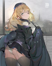 Rule 34 | 1girl, alternate costume, animal ears, arknights, ass, black thighhighs, blonde hair, breasts, brick wall, cityscape, commentary request, cowboy shot, dated, day, durin (arknights), grey sky, hair between eyes, hat, highres, jacket, large breasts, lion ears, long hair, looking at viewer, miniskirt, panties, pantyshot, pointy ears, skindentation, skirt, sky, solo, t lege d, thighhighs, thighs, underwear, white panties, window, yellow eyes