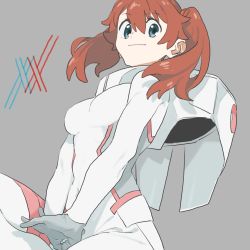 Rule 34 | 10s, 1girl, bad id, bad twitter id, blue eyes, bodysuit, brown hair, commentary, cracking knuckles, darling in the franxx, grey background, hair tie, highres, light smile, looking at viewer, machi (wm), miku (darling in the franxx), pilot suit, simple background, sitting, solo, twintails, white bodysuit