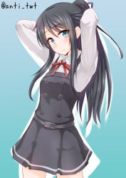 Rule 34 | 10s, 1girl, adjusting hair, alternate hairstyle, anti (untea9), arms behind head, arms up, asashio (kancolle), belt, black hair, blue eyes, blush, hair ribbon, highres, kantai collection, long hair, long sleeves, looking at viewer, open mouth, ponytail, ribbon, school uniform, shirt, skirt, sleeveless, solo, suspenders, vest