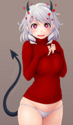 Rule 34 | 1girl, black horns, blush, breasts, commentary request, cowboy shot, demon girl, demon horns, demon tail, drill hair, duzimura, grey background, groin, hand on own chest, hands up, heart, heart-shaped pupils, helltaker, highres, horns, large breasts, long sleeves, looking at viewer, lowleg, lowleg panties, medium hair, modeus (helltaker), no pants, open mouth, panties, purple eyes, red sweater, ribbed sweater, silver hair, simple background, sleeves past wrists, smile, solo, sweatdrop, sweater, symbol-shaped pupils, tail, tail raised, trembling, turtleneck, turtleneck sweater, twin drills, underwear, white panties