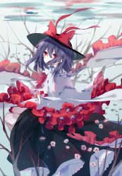 Rule 34 | 1girl, bare tree, black hat, black skirt, bow, capelet, chokie, flower, frilled shawl, frilled skirt, frills, hat, hat bow, looking at viewer, nagae iku, outdoors, pink flower, purple hair, red bow, red eyes, shawl, shirt, short hair, skirt, snow, solo, standing, touhou, tree, white capelet, white shirt
