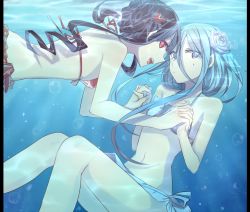 Rule 34 | 10s, 2girls, :/, aoki hagane no arpeggio, aoki shizumi, ashigara (aoki hagane no arpeggio), atago (aoki hagane no arpeggio), bad id, bad pixiv id, bikini, black hair, blue eyes, blue hair, hair ornament, holding hands, interlocked fingers, looking at viewer, multiple girls, navel, open mouth, pillarboxed, red eyes, submerged, sweat, swimsuit, underwater