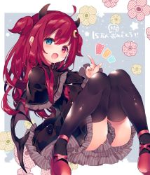 Rule 34 | 1girl, ahoge, ana (rznuscrf), black dress, black thighhighs, blue eyes, blush, capelet, commentary, crescent, crescent hair ornament, demon girl, demon horns, demon wings, dress, fang, floral background, full body, hair ornament, heterochromia, highres, horns, index finger raised, long hair, long sleeves, nijisanji, open mouth, red eyes, red footwear, red hair, sitting, smile, solo, thighhighs, thighs, translated, two side up, virtual youtuber, wings, yuzuki roa, zettai ryouiki