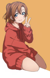 Rule 34 | 1girl, bad id, bad pixiv id, blue eyes, brown background, brown hair, closed mouth, drawstring, hair between eyes, hand up, hood, hood down, hoodie, icehotmilktea, kosaka honoka, long sleeves, love live!, love live! school idol project, one side up, puffy long sleeves, puffy sleeves, red hoodie, sitting, sleeves past wrists, smile, solo, two-tone background, v, white background