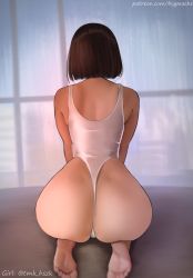 Rule 34 | 1girl, absurdres, ass, bare back, bare shoulders, bed, black hair, curvy, feet, from behind, highres, huge ass, leotard, mature female, original, puri (wettypeach), revealing clothes, seiza, short hair, sitting, soles, solo, white leotard, wide hips, window