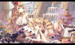 Rule 34 | 2girls, :o, bad id, bad pixiv id, black legwear, blonde hair, blue eyes, bracelet, braid, breasts, bridal garter, chain, cleavage, collarbone, dress, drill hair, elf, flower, fountain, french braid, garter straps, hair flower, hair ornament, hand on another&#039;s leg, hand on own cheek, hand on own face, hand up, jewelry, large breasts, long hair, looking at viewer, lying, mole, mole on breast, mole on thigh, multiple girls, navel, nude, on stomach, open mouth, original, petals, petals on liquid, pointy ears, red eyes, revealing clothes, sitting, smile, thigh strap, thighhighs, twintails, underwater, vase, very long hair, water, white dress, xi zhujia de rbq