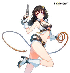 Rule 34 | 1girl, arm up, armpits, bai winchester, bare shoulders, belt, bikini, black bikini, black hair, boots, braid, breasts, cleavage, closers, collared shirt, crop top, finger on trigger, fingerless gloves, floating hair, framed breasts, gloves, gun, hairband, handgun, heterochromia, highres, holding, holding gun, holding lasso, holding weapon, lasso, leg up, long hair, looking at viewer, loose belt, medium breasts, micro shorts, midriff, multiple belts, navel, official art, pink eyes, purple eyes, revealing clothes, revolver, shirt, shorts, single braid, sleeveless, sleeveless shirt, solo, stomach, string bikini, swimsuit, thighs, v-shaped eyebrows, weapon, white footwear, white gloves, white shirt, white shorts