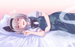 Rule 34 | 1girl, :d, bed, black bow, black bowtie, black hairband, black ribbon, blue eyes, blush, bow, bowtie, commentary request, cowboy shot, gradient background, green skirt, green vest, hair between eyes, hair ribbon, hairband, hand up, heart, highres, hitodama, konpaku youmu, konpaku youmu (ghost), looking at viewer, lying, on side, open mouth, otowa (otoha4634), petticoat, pillow, pink background, puffy short sleeves, puffy sleeves, ribbon, shirt, short hair, short sleeves, silver hair, skirt, skirt set, smile, solo, touhou, vest, white shirt