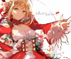 Rule 34 | &gt;:), 1girl, bad id, bad pixiv id, blonde hair, breasts, cleavage, closed mouth, commentary request, dress, epaulettes, fate/grand order, fate (series), fukuda935, green eyes, hair bun, hair ribbon, juliet sleeves, long sleeves, nero claudius (fate), nero claudius (fate) (all), nero claudius (fate/extra), nipples, outstretched arm, petals, puffy sleeves, red dress, red ribbon, ribbon, see-through, short hair, shrug (clothing), sidelocks, simple background, single hair bun, small breasts, smile, solo, strapless, strapless dress, translation request, upper body, white background