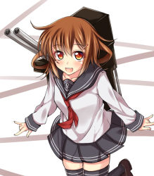Rule 34 | 10s, 1girl, :d, anchor, black thighhighs, blush, brown eyes, brown hair, double m/, hair ornament, hairclip, ikazuchi (kancolle), jiino, kantai collection, loafers, m/, neckerchief, open mouth, personification, red neckerchief, school uniform, serafuku, shoes, short hair, skirt, smile, solo, thighhighs, zettai ryouiki
