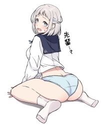 0haribo0 1girl absurdres aqua_eyes aqua_panties ass blush commentary_request crotch_seam full_body gakuen_idolmaster grey_hair hair_behind_ear half_up_braid highres idolmaster katsuragi_lilja long_sleeves looking_at_viewer looking_back no_pants on_ground open_mouth panties school_uniform shadow short_hair sitting socks solo sweatdrop tearing_up teeth thighs underwear upper_teeth_only wariza wavy_mouth white_socks