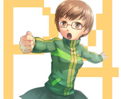 Rule 34 | 1girl, 4hands, :o, atlus, badge, brown eyes, brown hair, button badge, clenched hands, female focus, glasses, jacket, lapel pin, orange-framed eyewear, outstretched arms, persona, persona 4, satonaka chie, school uniform, short hair, skirt, solo, spread arms, track jacket, zipper