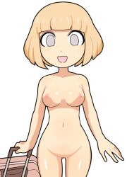 Rule 34 | 1girl, :d, bar censor, blonde hair, blunt bangs, bob cut, breasts, breasts apart, censored, commentary request, completely nude, cowboy shot, empty eyes, grey eyes, hospital king, looking at viewer, medium breasts, naruse yuu, navel, nipples, no pussy, nude, open mouth, rolling suitcase, shiny skin, simple background, smile, solo, suitcase, watashi ga motenai no wa dou kangaetemo omaera ga warui!, white background
