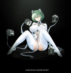 1girl absurdres admiral_nakhimov_(azur_lane) animal_ears azur_lane battery_indicator black_background blackcat_enjia blush bodysuit bodysuit_aside breasts breasts_apart cat_ears chromatic_aberration clothing_aside commentary copyright_notice crotch_cutout crotchless crotchless_bodysuit fake_animal_ears floating floating_object floating_weapon full_body furrowed_brow gloves green_hair hair_between_eyes hand_on_own_chest highres impossible_bodysuit impossible_clothes large_breasts looking_at_viewer m_legs mechanical_ears object_insertion parted_lips pussy raised_eyebrows short_hair simple_background sitting solo turtleneck turtleneck_bodysuit uncensored vaginal vaginal_object_insertion white_bodysuit white_gloves yellow_eyes