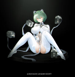 Rule 34 | 1girl, absurdres, admiral nakhimov (azur lane), animal ears, azur lane, battery indicator, black background, blackcat enjia, blush, bodysuit, bodysuit aside, breasts, breasts apart, cat ears, chromatic aberration, clothing aside, commentary, copyright notice, crotch cutout, crotchless, crotchless bodysuit, fake animal ears, floating, floating object, floating weapon, full body, furrowed brow, gloves, green hair, hair between eyes, hand on own chest, highres, impossible bodysuit, impossible clothes, large breasts, looking at viewer, m legs, mechanical ears, object insertion, parted lips, pussy, raised eyebrows, short hair, simple background, sitting, solo, turtleneck, turtleneck bodysuit, uncensored, vaginal, vaginal object insertion, white bodysuit, white gloves, yellow eyes