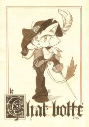 Rule 34 | 1girl, absurdres, animal ears, belt, blaze the cat, boots, cat ears, cat girl, cat tail, collared shirt, eyelashes, finik, forehead jewel, furry, furry female, gloves, hat, hat feather, highres, holding, holding weapon, looking at viewer, low ponytail, monochrome, puss in boots (fairy tale), rapier, shirt, sonic (series), sword, tail, weapon