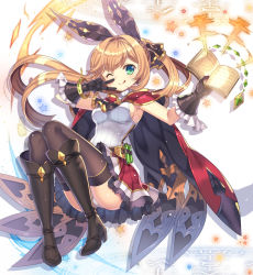 Rule 34 | 10s, 1girl, :q, ;q, black footwear, black thighhighs, blonde hair, book, boots, bracelet, cape, capura lin, clarisse (granblue fantasy), full body, gloves, gradient background, granblue fantasy, green eyes, hair ribbon, high heels, jewelry, knee boots, long hair, one eye closed, panties, ribbon, skirt, solo, thighhighs, tongue, tongue out, underwear, v, white panties