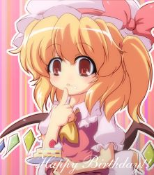 Rule 34 | 1girl, ascot, birthday, blonde hair, cake, candle, female focus, finger to mouth, flandre scarlet, food, food on face, happy birthday, hat, nullpooo, red eyes, side ponytail, solo, embodiment of scarlet devil, touhou, upper body, wings