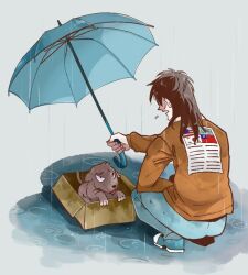 Rule 34 | 1boy, american flag, black hair, blue footwear, blue pants, blue umbrella, bomber jacket, box, brown jacket, cardboard box, commentary request, dog, for adoption, from behind, full body, holding, holding umbrella, inudori, itou kaiji, jacket, kaiji, long hair, male focus, open mouth, pants, rain, republic of china flag, shoes, solo, south korean flag, squatting, umbrella, united nations flag