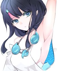 Rule 34 | 1girl, arm up, armpits, bare shoulders, black hair, blue eyes, blush, breasts, collarbone, dress, fate/grand order, fate/requiem, fate (series), highres, jewelry, kankitsu kei, large breasts, long sleeves, looking at viewer, magatama, magatama hair ornament, medium hair, multicolored hair, necklace, parted lips, pink hair, puffy long sleeves, puffy sleeves, seigaiha, sideboob, sideless outfit, simple background, streaked hair, utsumi erice, white background, white dress