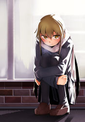 Rule 34 | 1girl, brown eyes, brown hair, female focus, highres, hugging own legs, kantai collection, loafers, looking at viewer, outdoors, satsuki (kancolle), scarf, shoes, solo, squatting, zhui