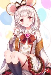 Rule 34 | 1girl, :o, animal, animal ears, balloon, black socks, blush, bow, brooch, cheese, collared shirt, commentary request, eating, feet out of frame, food, frilled skirt, frills, granblue fantasy, hair bow, heart, heart brooch, highres, holding, holding animal, jewelry, kneehighs, long sleeves, looking at viewer, midriff, mouse (animal), mouse ears, parted lips, red bow, red eyes, sakura ani, shirt, sitting, skirt, socks, solo, striped, striped bow, vikala (granblue fantasy), white background, white hair, white shirt, white skirt, wide sleeves