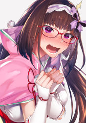 Rule 34 | 1girl, black hair, blush, breasts, brown hair, cloak, commentary request, detached sleeves, fate/grand order, fate (series), glasses, hairband, hands up, highres, hood, large breasts, long hair, looking at viewer, nose blush, open mouth, osakabehime (fate), purple eyes, red-framed eyewear, ryokucha (i cobalt), simple background, solo, sweat, teeth, upper body, white background