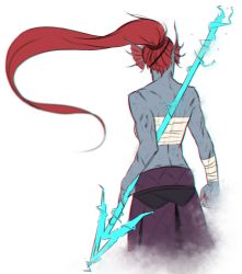 Rule 34 | 1girl, arm wrap, blue skin, claws, colored skin, cowboy shot, energy spear, energy weapon, fins, from behind, gills, head fins, long hair, marin (everydaybox), monster girl, polearm, ponytail, red hair, sarashi, scar, simple background, solo, spear, undertale, undyne, very long hair, weapon, white background